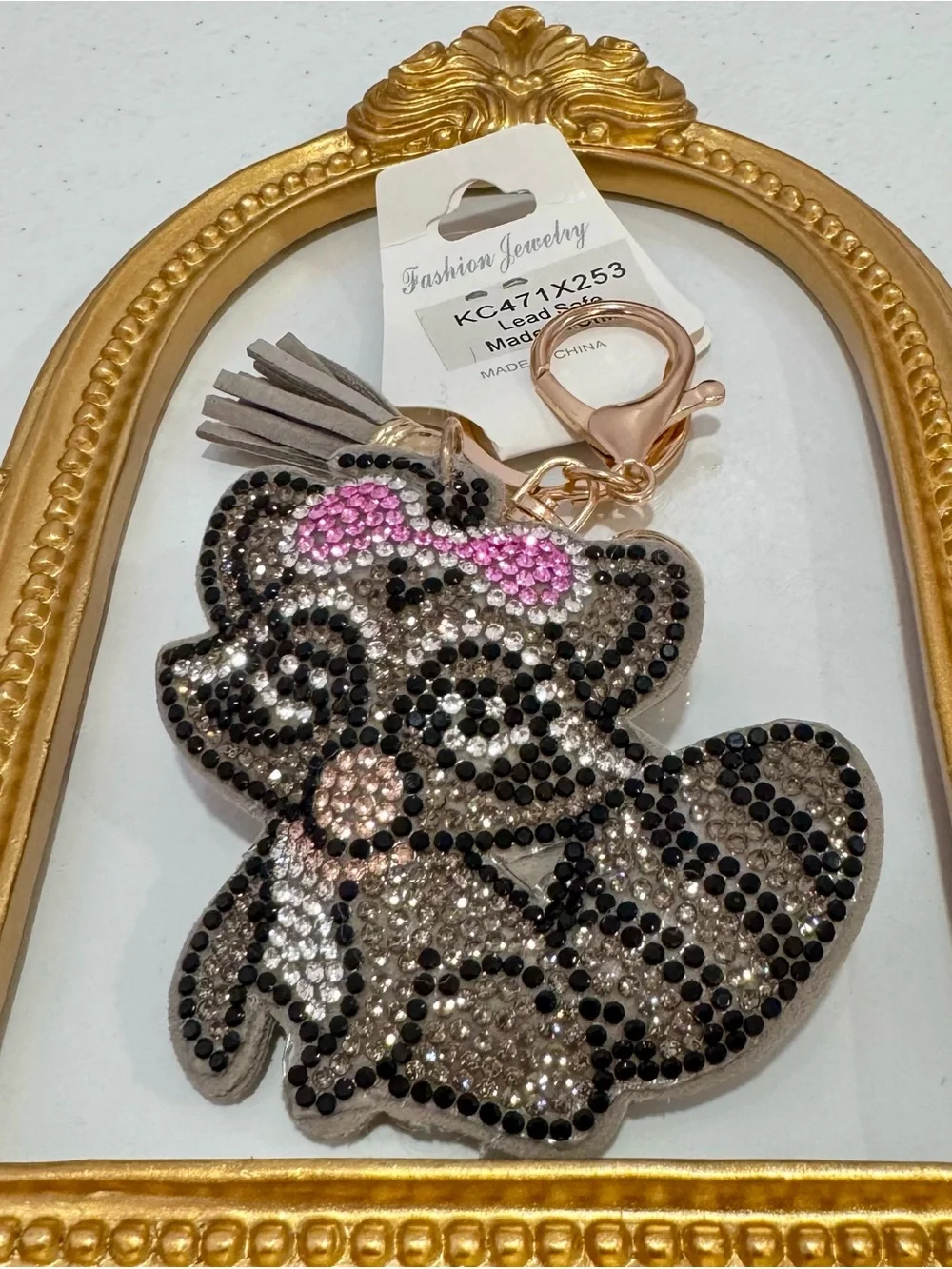 New Gray Crystal Raccoon Keychain w/ Pink Bow